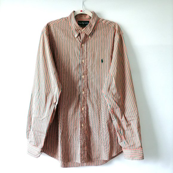Ralph Lauren Mens Pink Collared High Low Striped Button Down Shirt Size L - Picture 1 of 7